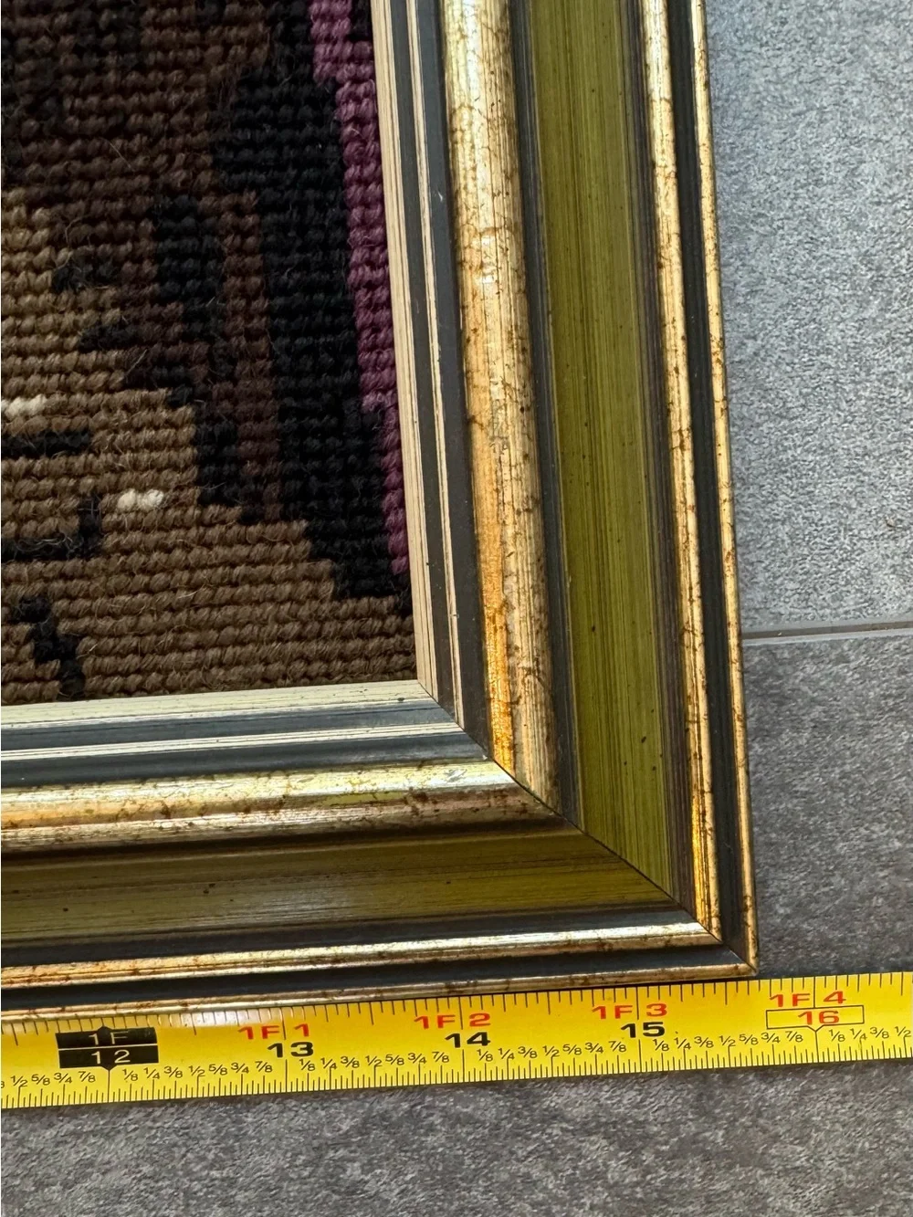 Vintage Needlepoint Street Scene Wall Art in Blue, Green, Brown